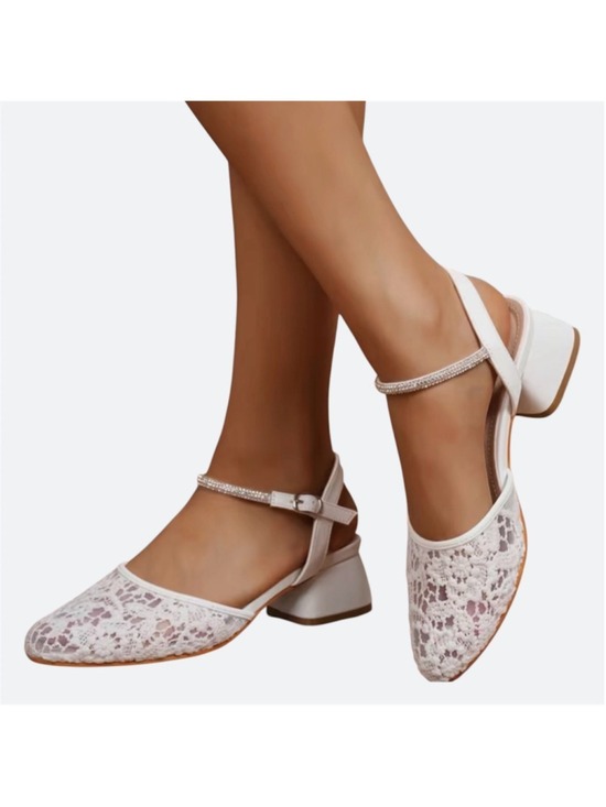 Unbranded Shoes - White Lace Low Block Heel Ankle Strap Wedding Shoe Sandals Size 40